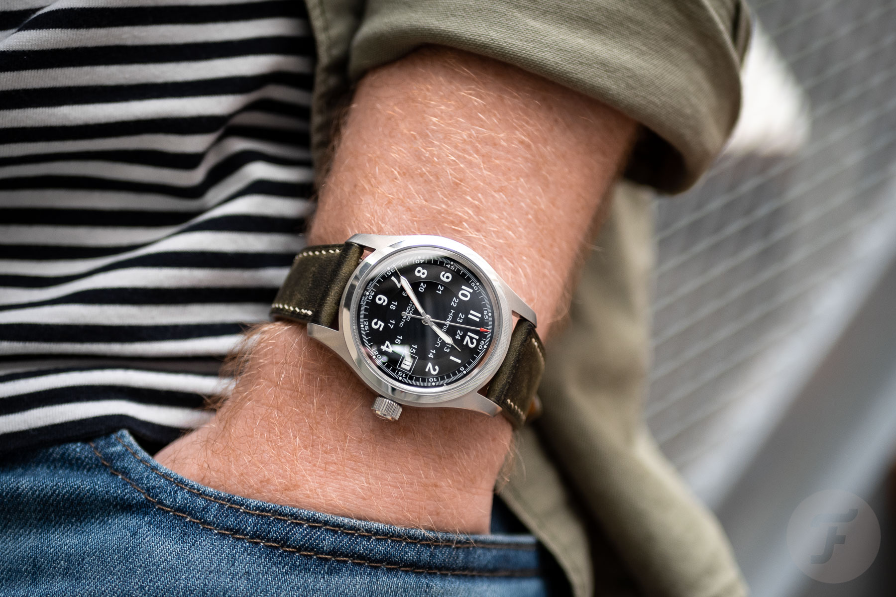 Strap Check: My Hamilton Khaki Field Automatic On A HasNoBounds Olive-Green Chamois “Lagoon” Strap