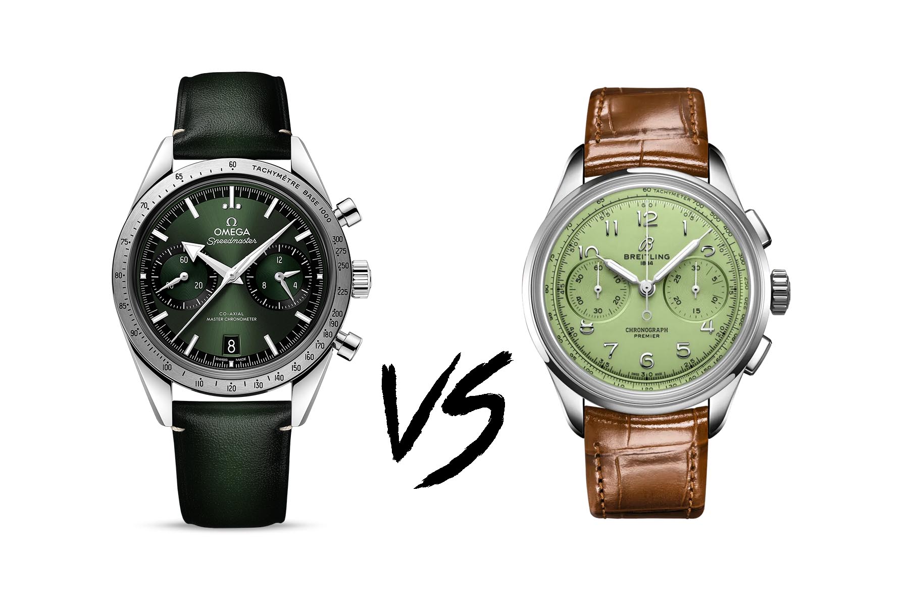 Sunday Morning Showdown: Green Chronographs — Breitling Premier B09 Vs. Omega Speedmaster ’57
