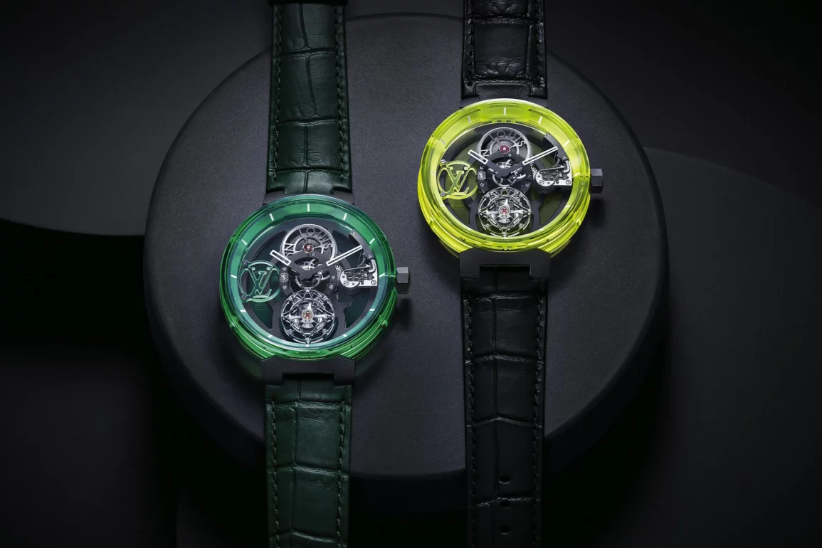 Louis Vuitton Unveils The Tambour Moon Tourbillon Volant Poinçon de Genève Watch  In Green and Yellow Sapphire