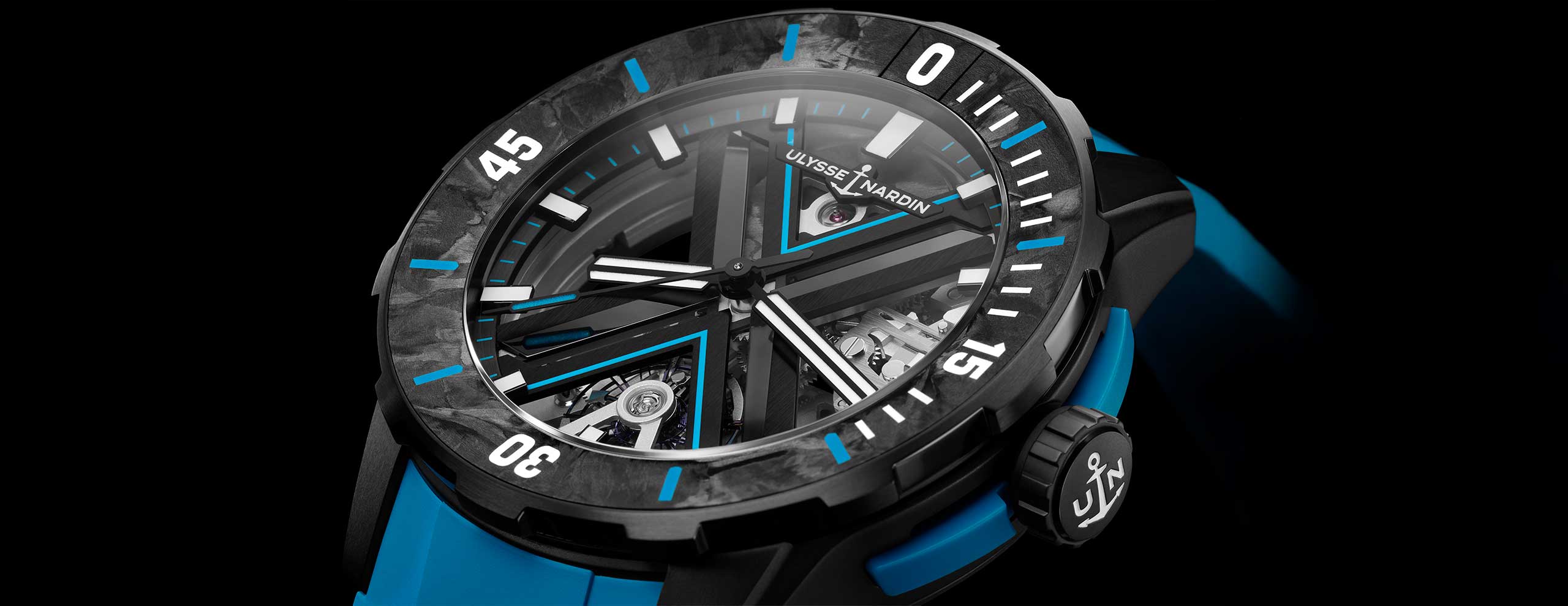 The Ulysse Nardin Diver Net Azure and the Diver X Skeleton Azure are sustainable chic