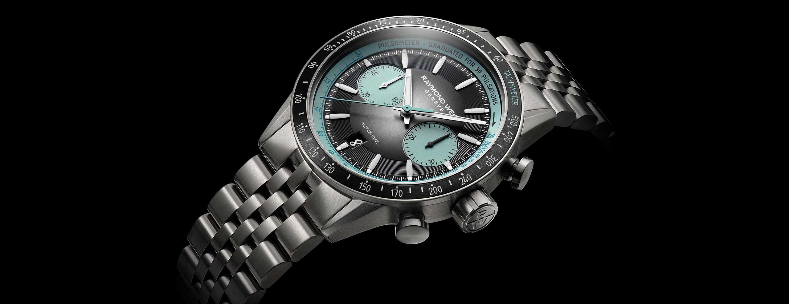 The Raymond Weil Freelancer Pop Bi-Compax Chronograph in titanium and turquoise
