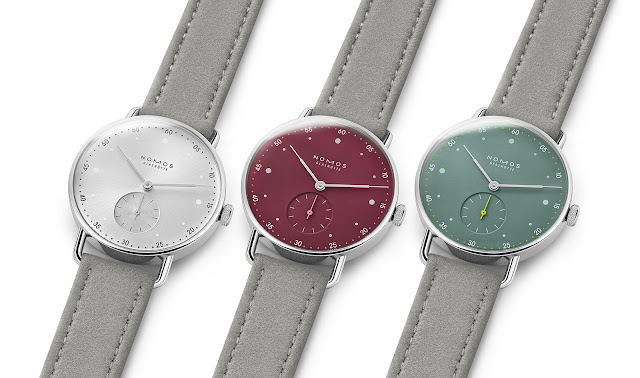 Nomos Glashütte – Metro 33 all silver, muted red, and sage