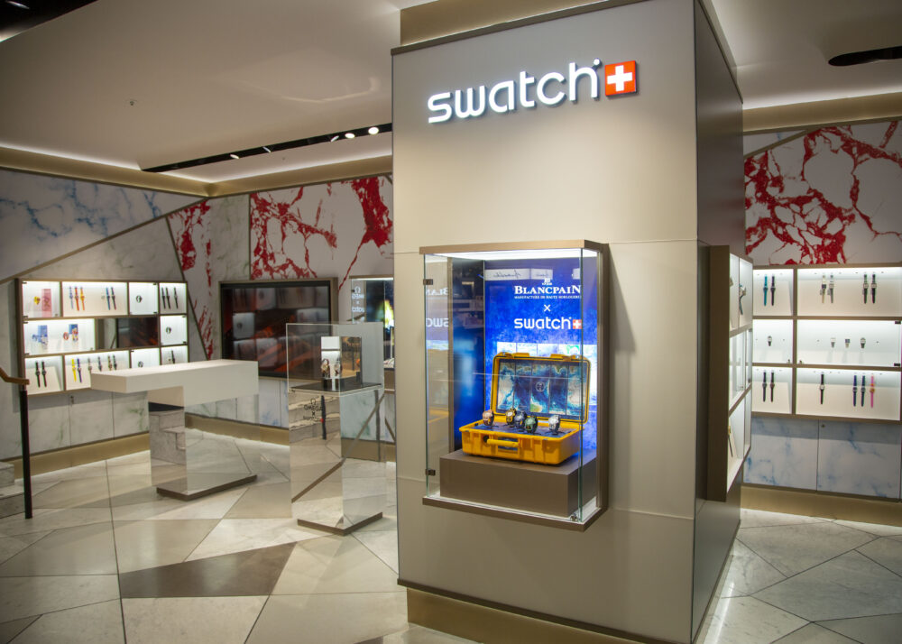 MoonSwatch on ostrich leather strap lands at Harvey Nichols Swatch concession