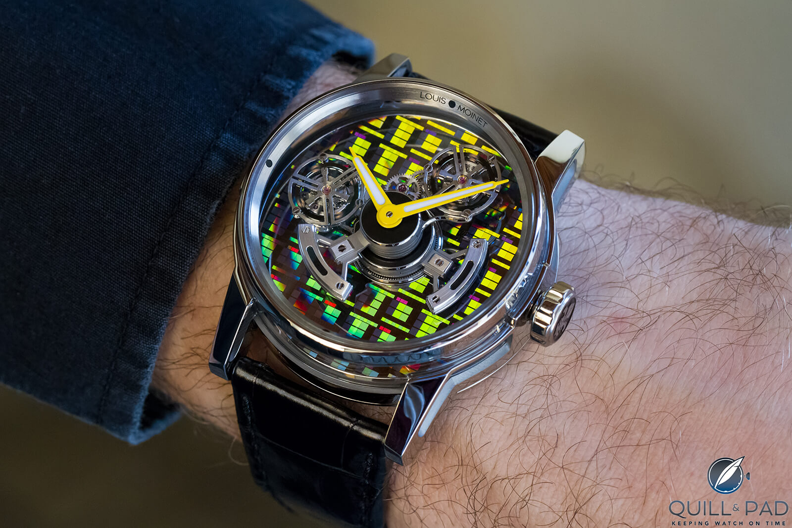 New Release: Louis Moinet Astronef Techno Unique Piece Featuring Two Flying Tourbillons and a Eye-Catching Iridescent High-Tech Silicon Wafer Dial