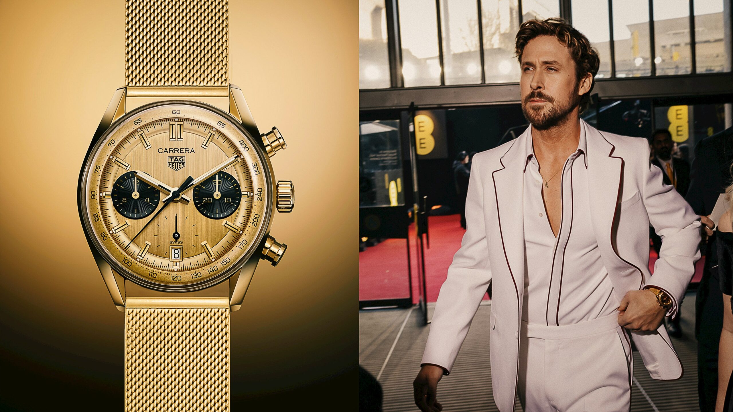 Watch Spotting: Ryan Gosling Wearing A Unique Yellow Gold TAG Heuer Carrera Chronograph To The 2024 BAFTAs