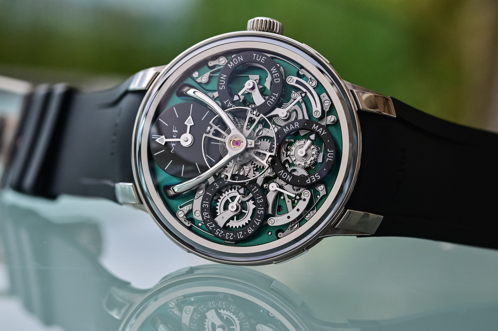 This is the latest evolution of MB&F’s sporty calendar, the LM Perpetual EVO BLUE
