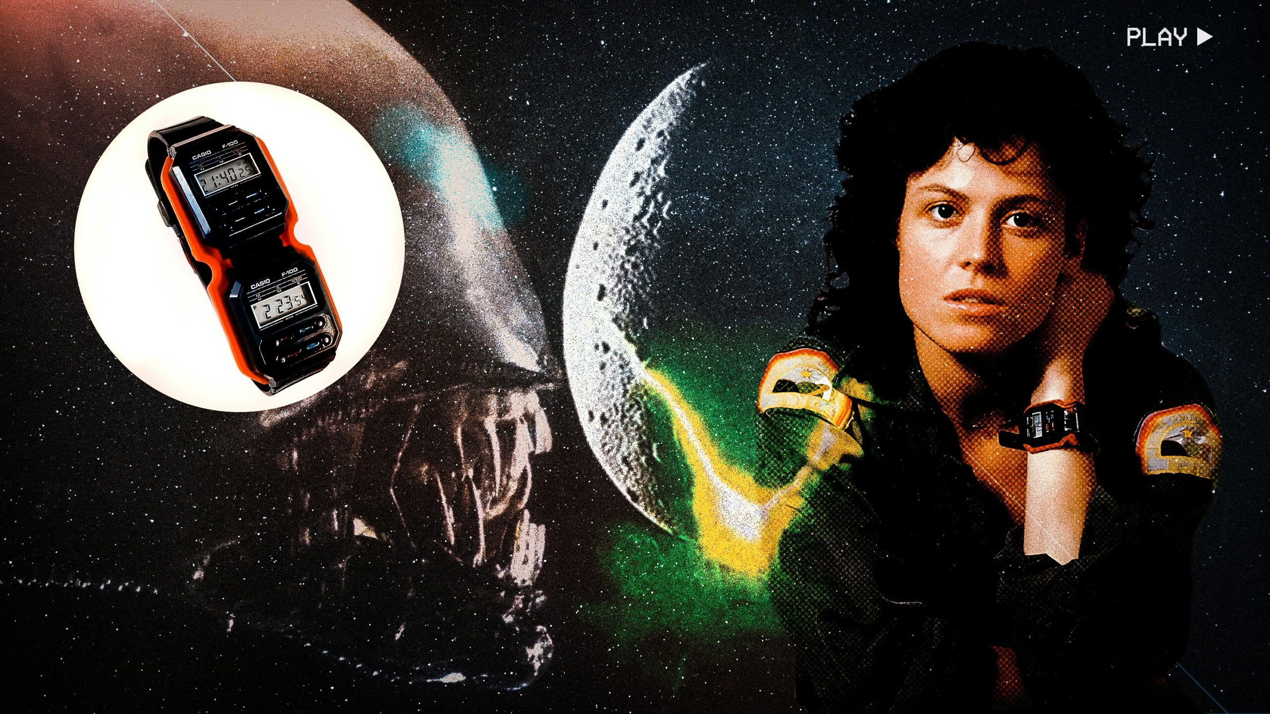 Watching Movies: Sigourney Weaver Battles The Xenomorph Wearing A Custom Double Casio F-100 In ‘Alien’