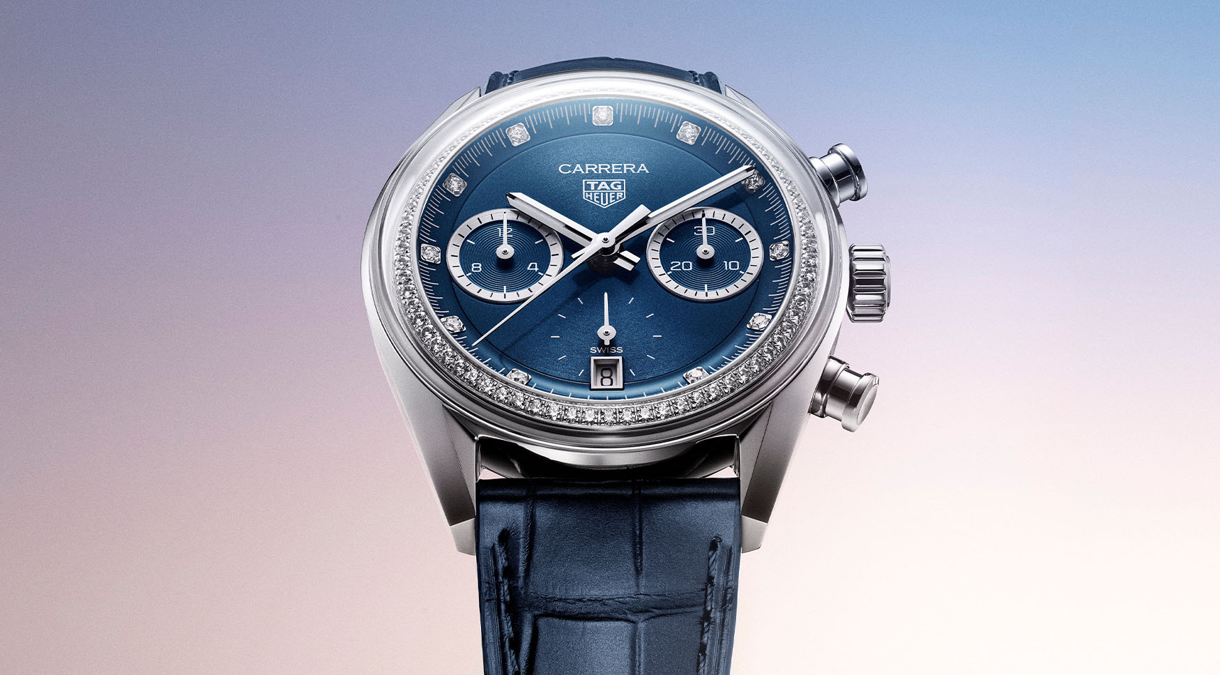 The TAG Heuer Carrera Chronograph Glassbox sprinkles diamonds beneath the crystal for subtle sparkle