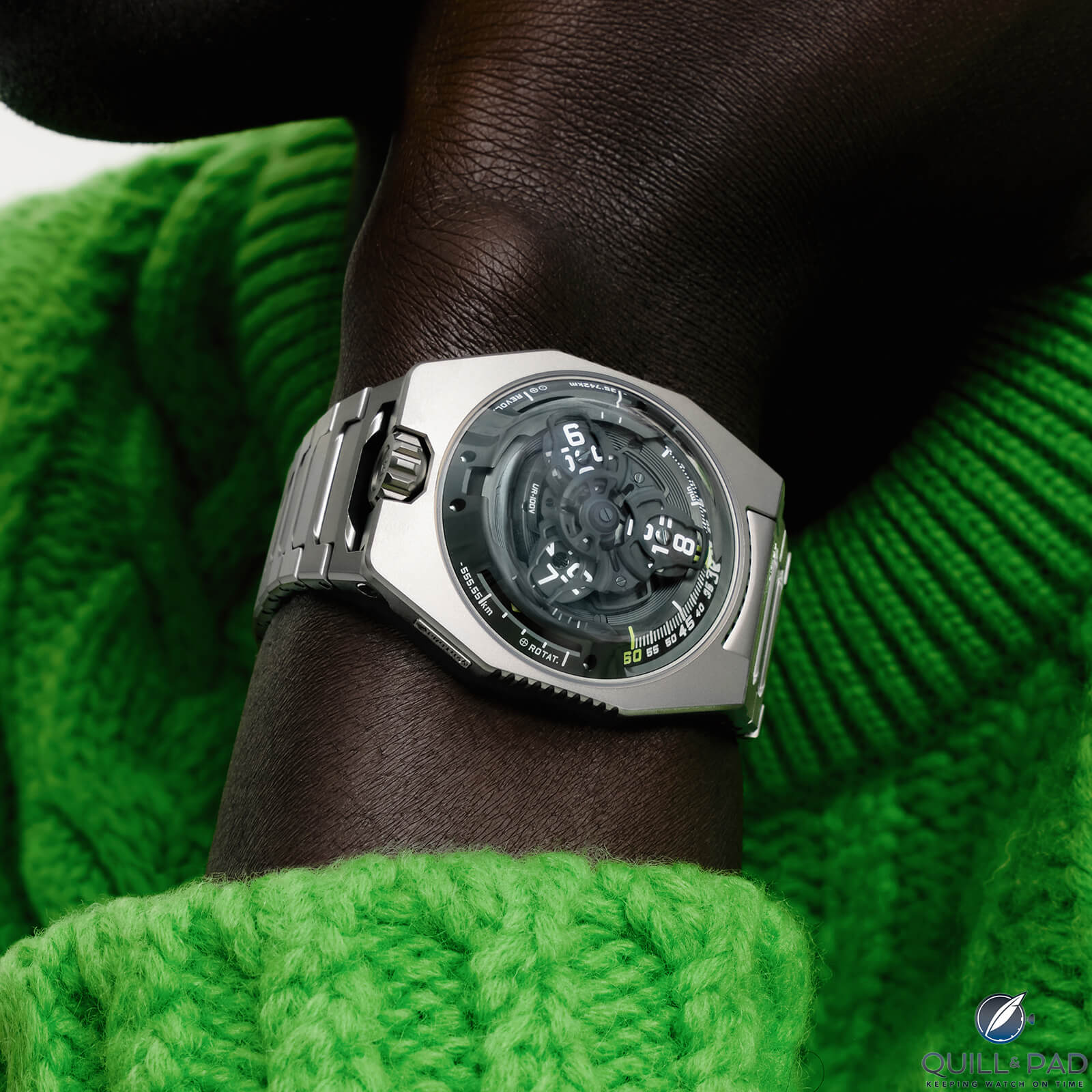 New Release: Urwerk UR-100V Magic T “Hunter Green” in Titanium with Full Titanium Bracelet