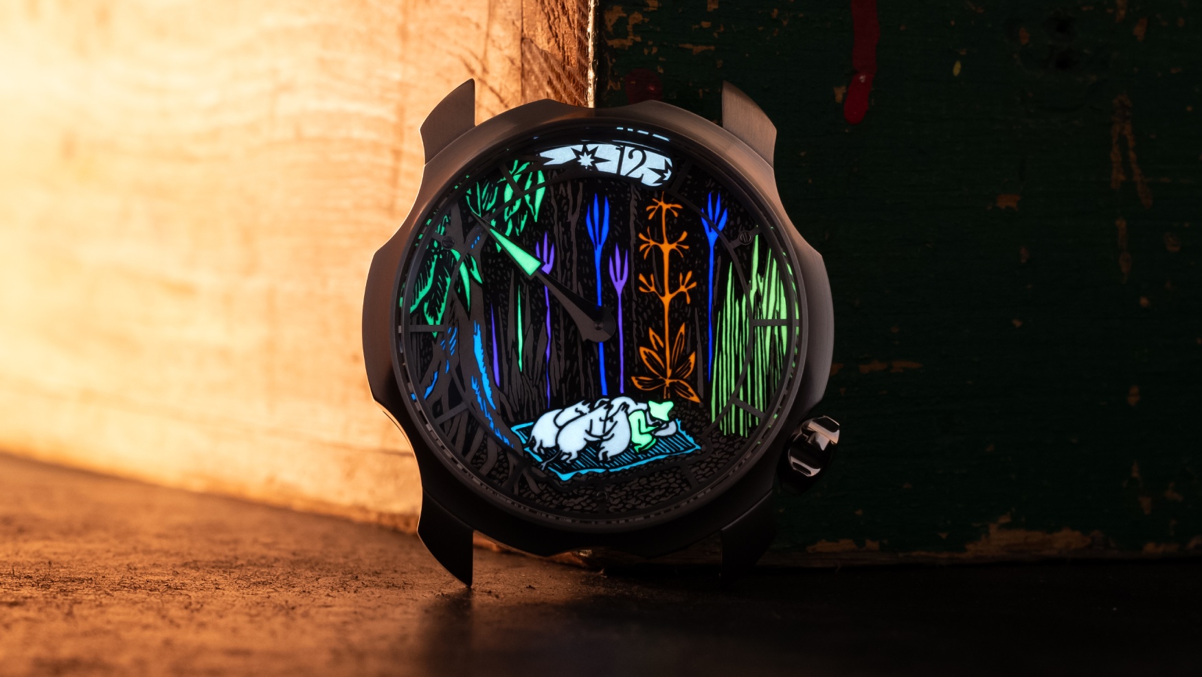 Sarpaneva’s latest, lumetastic Moomin 80 watch has the cute critters sleeping under a shooting star