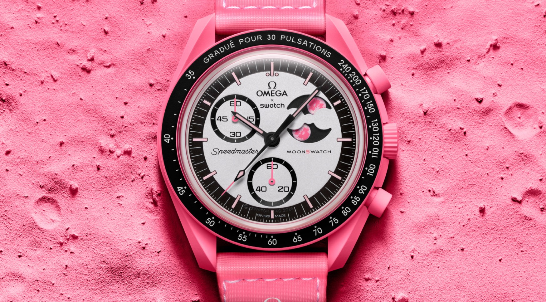 Pretty in pink: the MoonSwatch Mission to the Pink Moonphase is a rocket ship to romance
