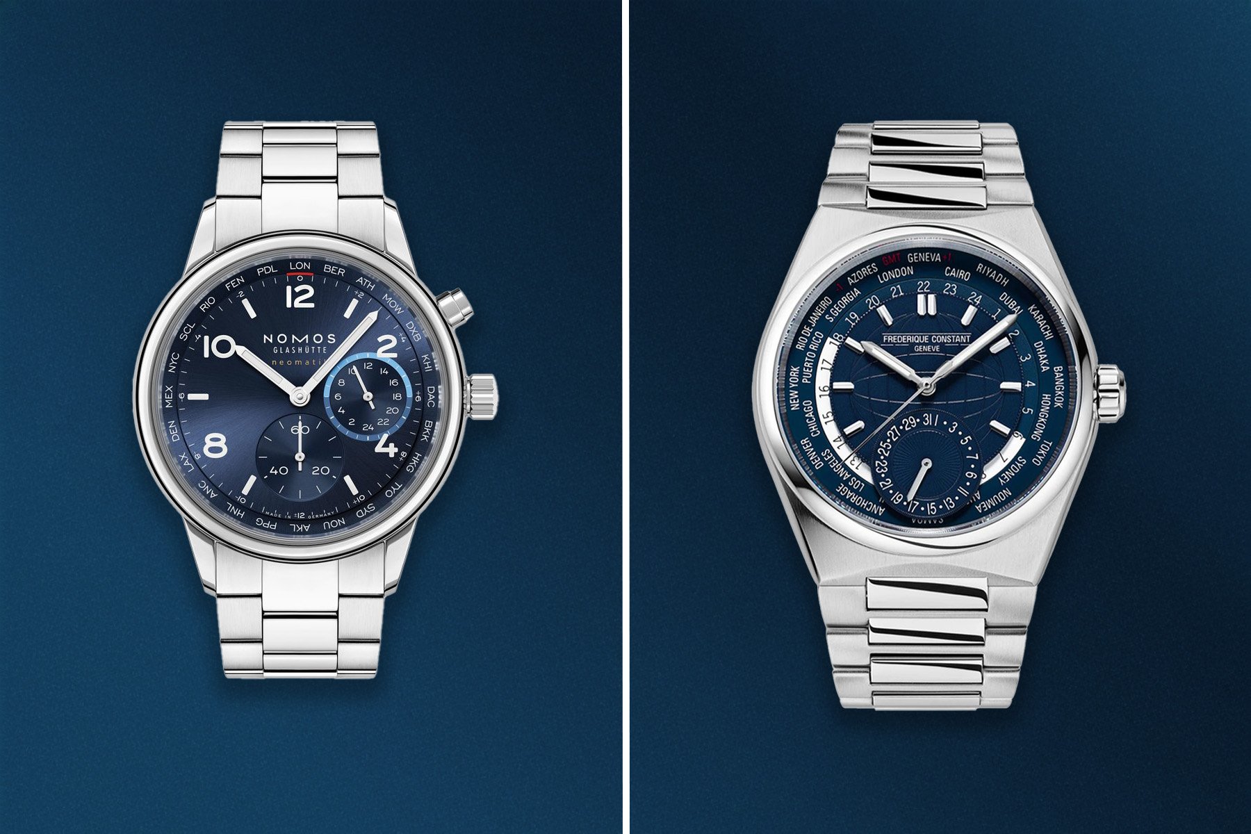 Sunday Morning Showdown: Nomos Club Sport Neomatik Worldtimer Vs. Frederique Constant Highlife Worldtimer