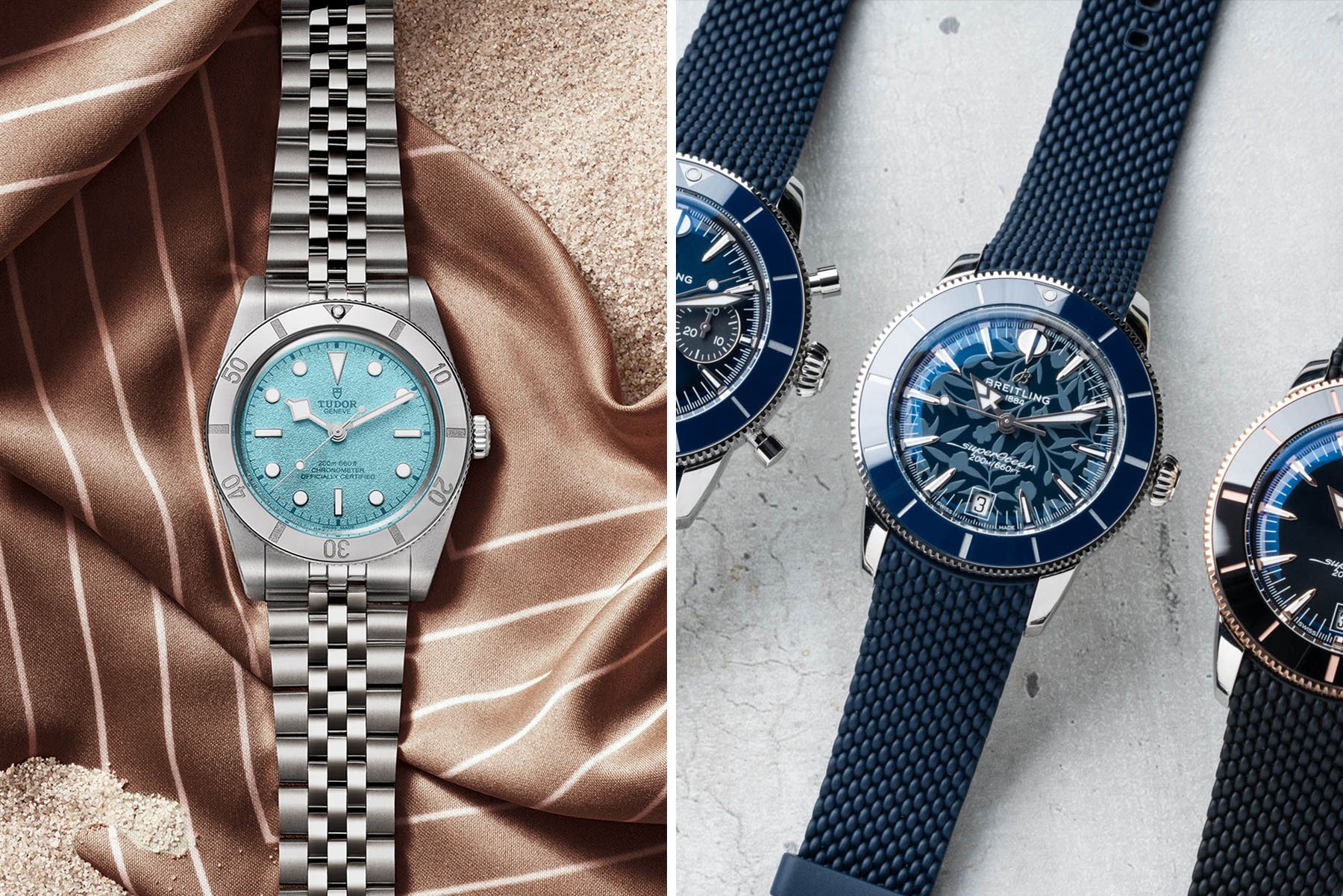 Sunday Morning Showdown: Tudor Black Bay 54 “Lagoon Blue” Vs. Breitling SuperOcean Heritage B31 Automatic 40 Kelly Slater Edition