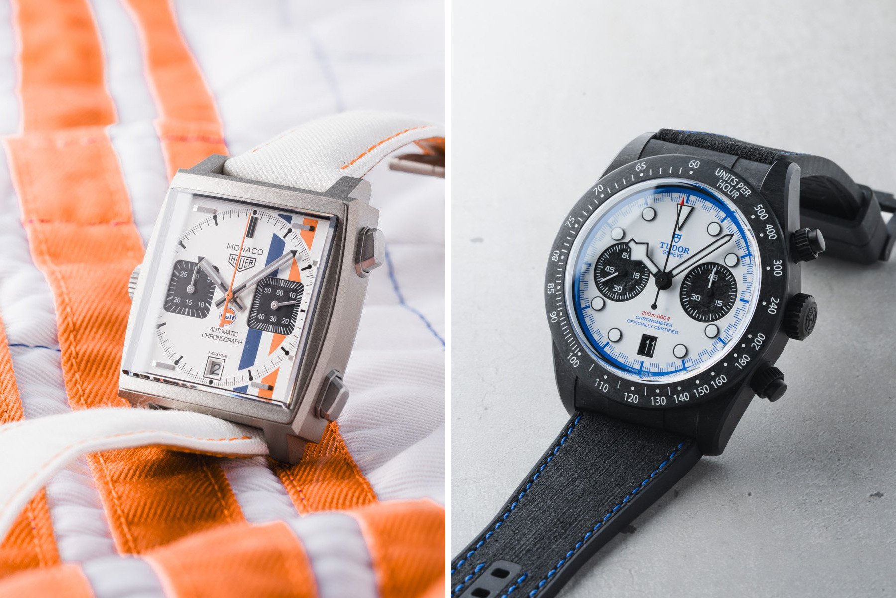 Sunday Morning Showdown: TAG Heuer Monaco Chronograph × Gulf Vs. Tudor Black Bay Chrono “Carbon 25”