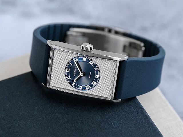 Fears debuts Arnos collection with Pewter Blue rectangular watch