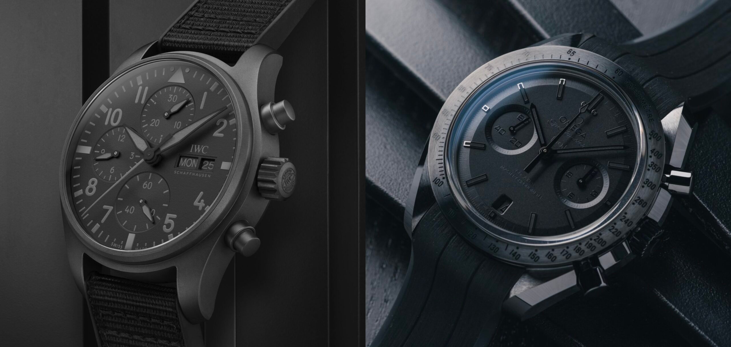 Sunday Morning Showdown: IWC Pilot’s Watch Chronograph 41 Top Gun Ceratanium Vs. Omega Speedmaster Dark Side Of The Moon “Black/Black”