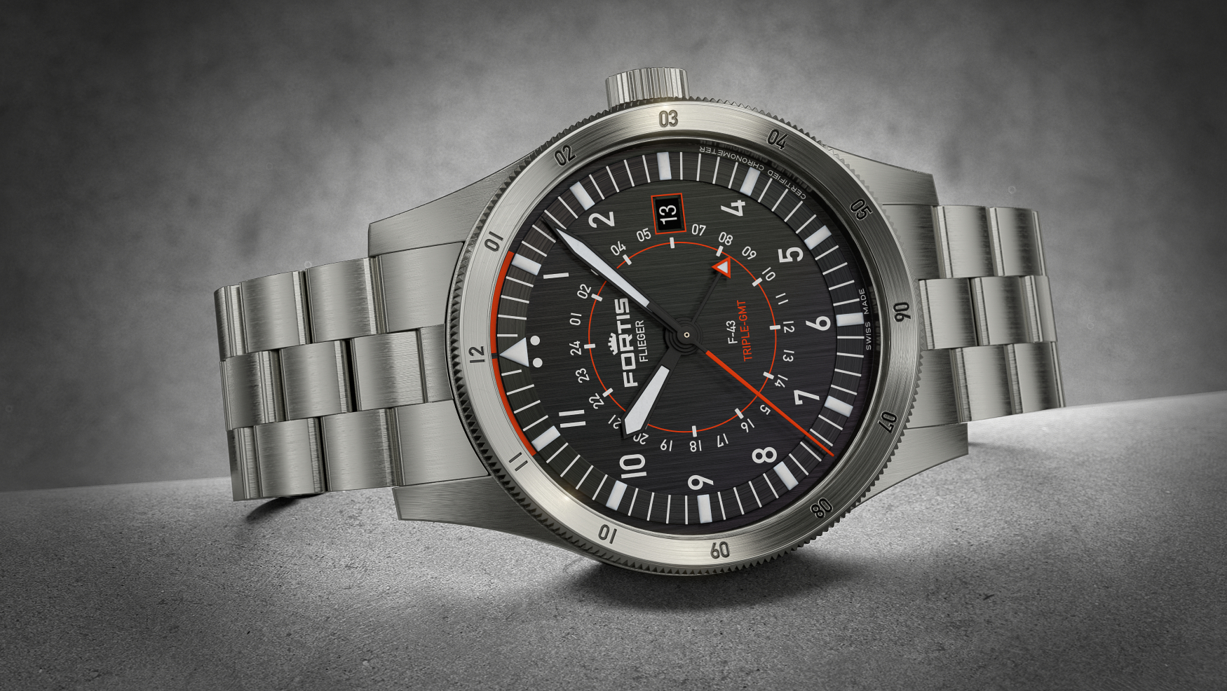 Fortis’ fliegers for the 21st century, like this F-43 Triple GMT, are now in the Time+Tide Shop!