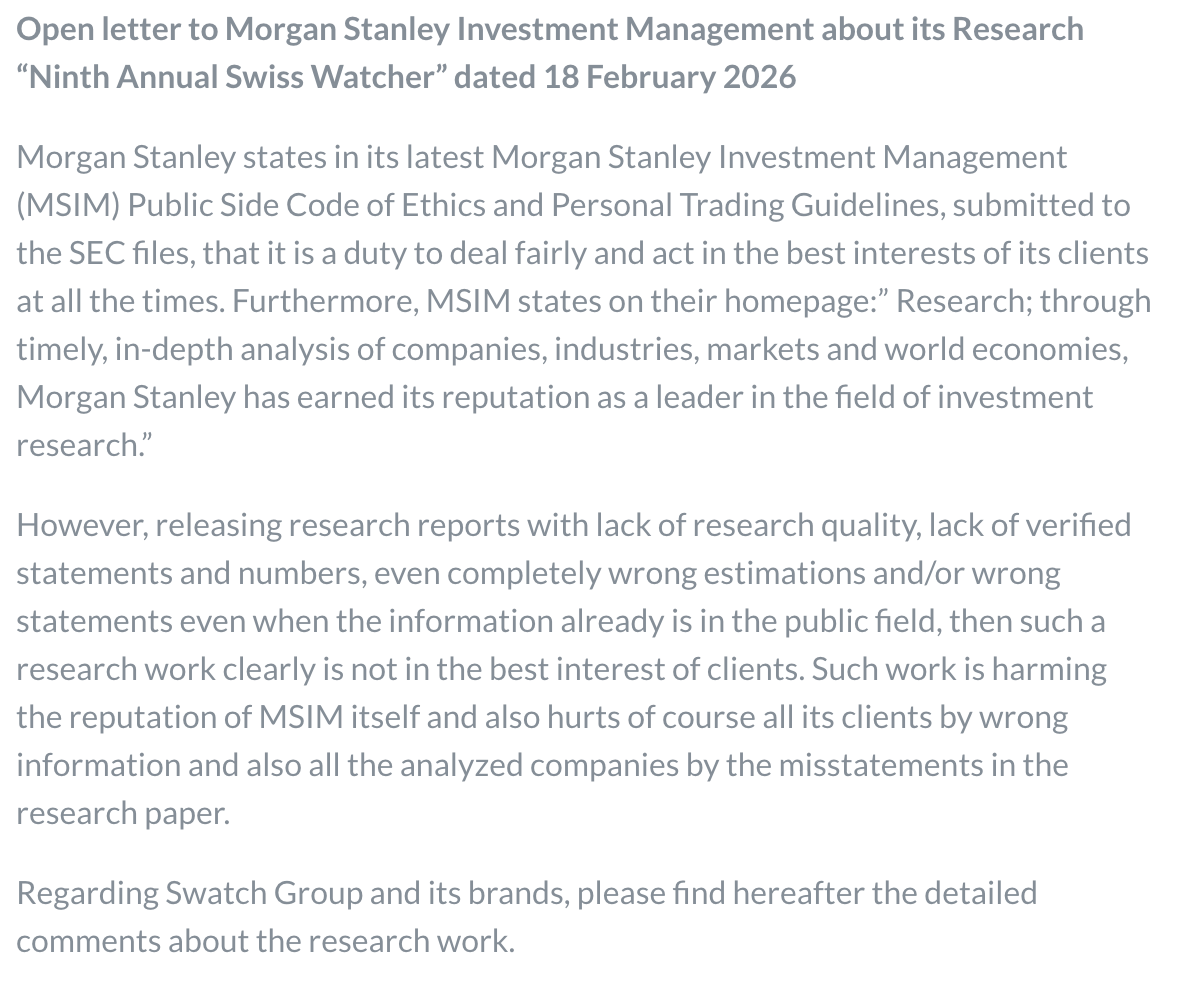 Swatch Group Responds to Morgan Stanley Report in Open Letter