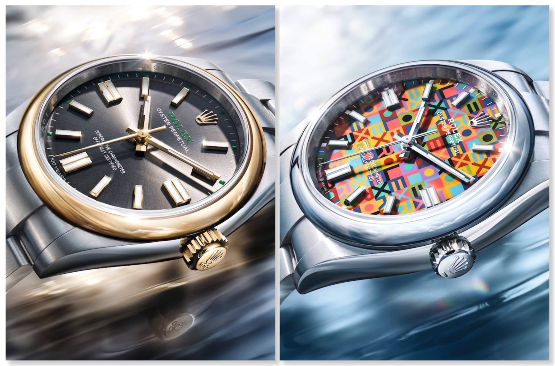 100 Years Of The Oyster Leads To The Rolex Oyster Perpetual 41 And 36 In Yellow Rolesor Plus A Steel “OP” 36 With A Colorful Jubilee Motif Dial