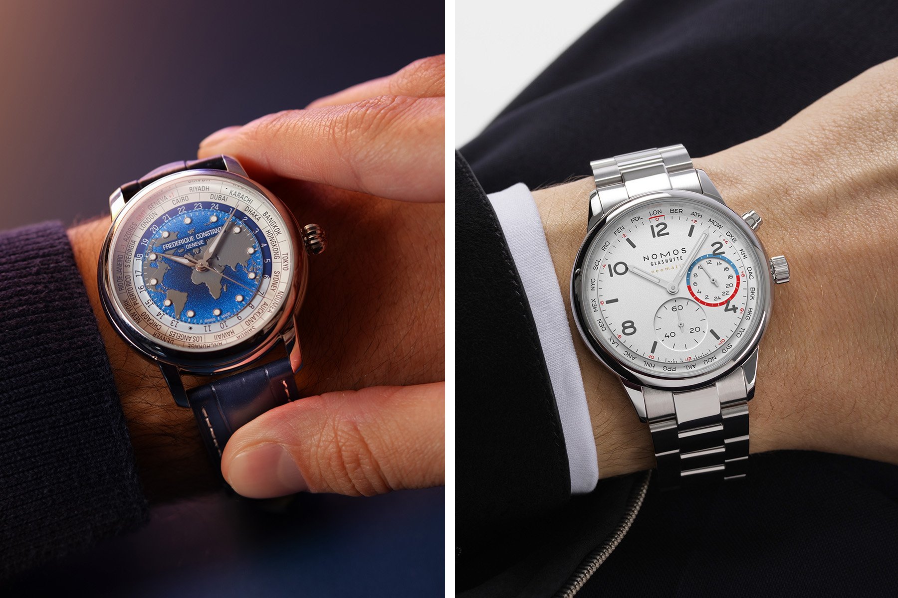 Sunday Morning Showdown: Nomos Club Sport Neomatik Worldtimer Vs. Frederique Constant Classic Worldtimer Manufacture