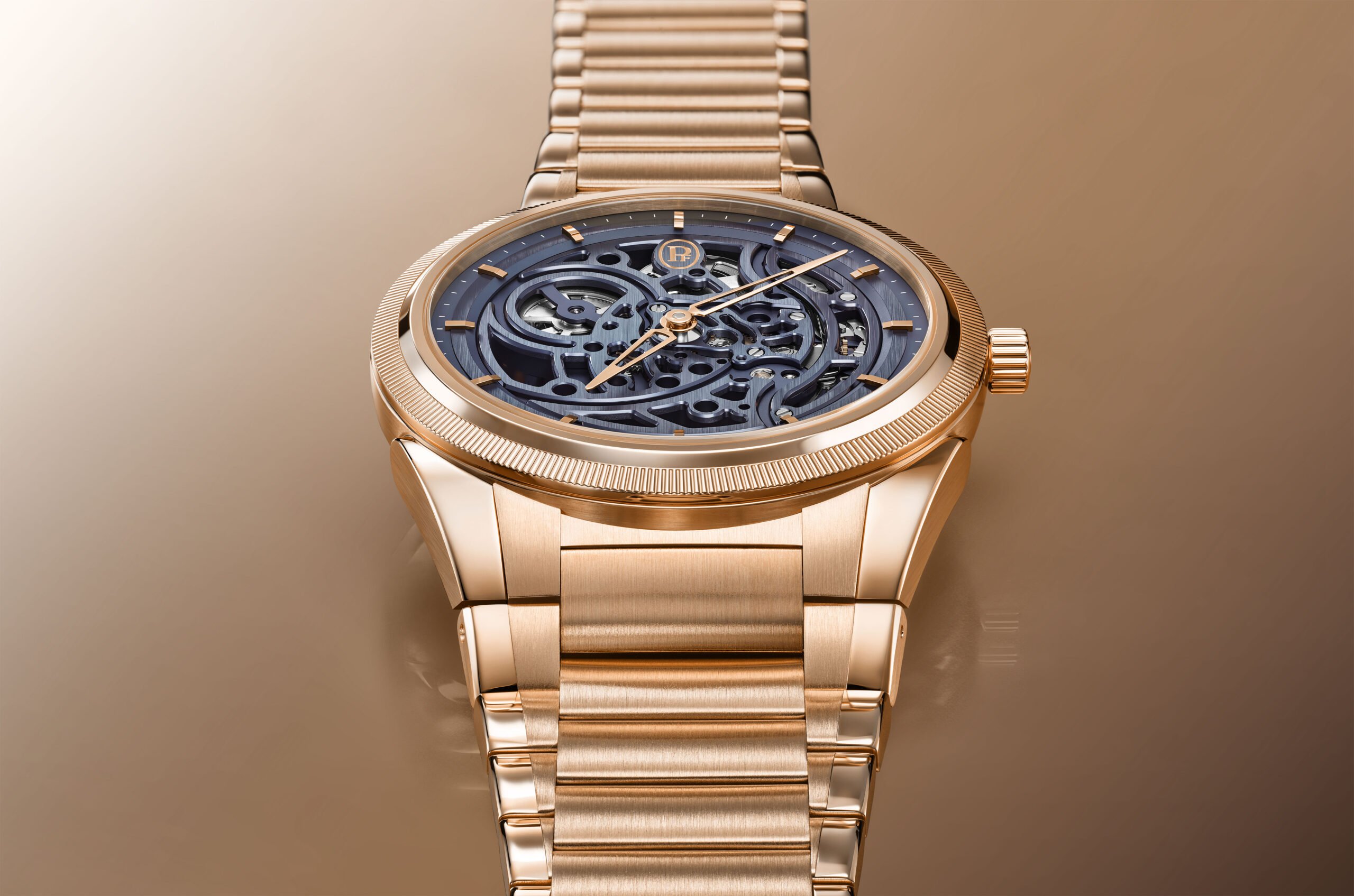 An Elegant Skeletonized Watch: The Parmigiani Fleurier Tonda PF Skeleton Rose Gold In Milano Blue